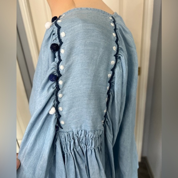 Zara Denimwear Chambray Embroidered Pom Pom Peasant Boho Oversize Top - Picture 4 of 8